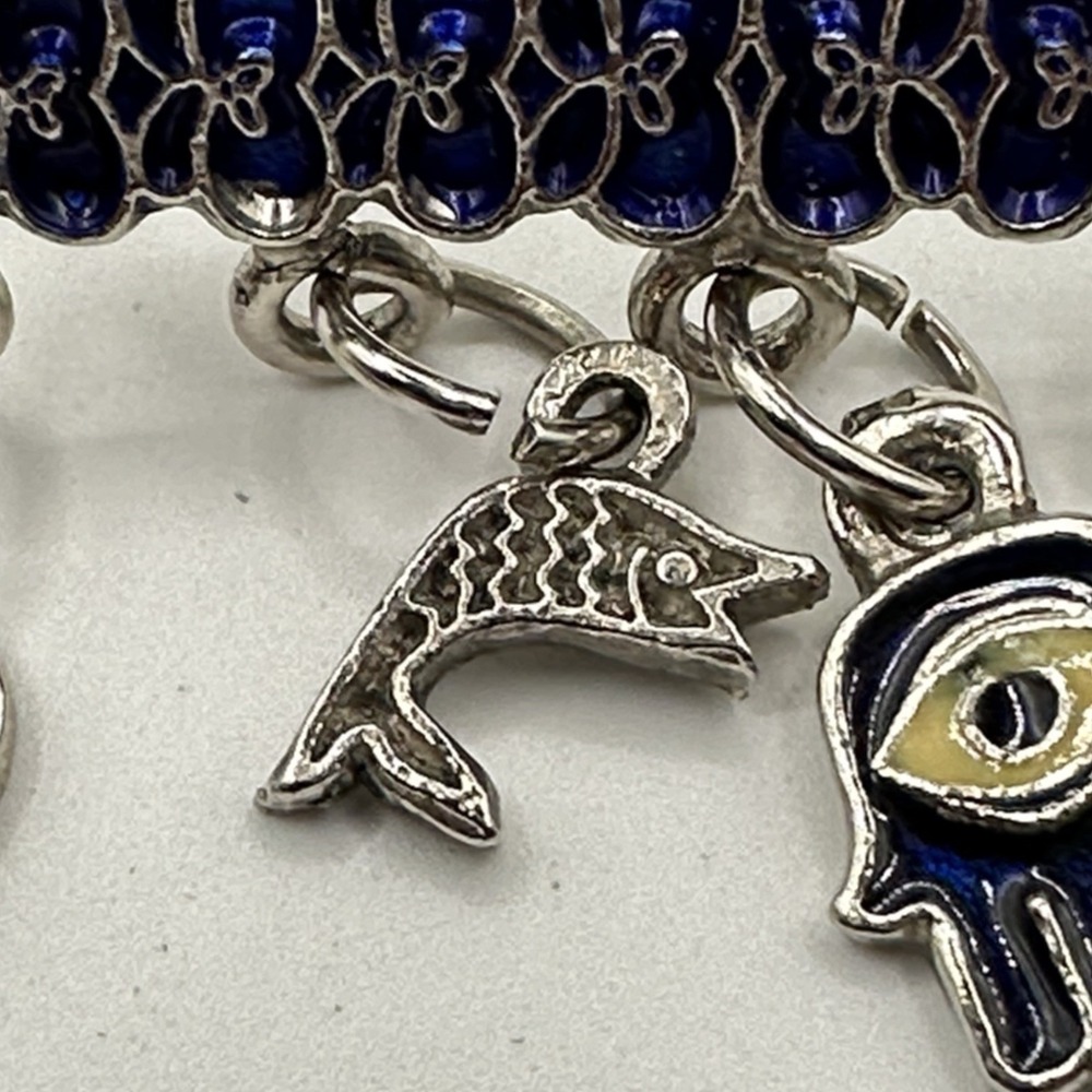 Vintage Silver Tone Brooch Pin Blue Enamel Hamsa Evil Eye Charms Luck Protection - Picture 5 of 10